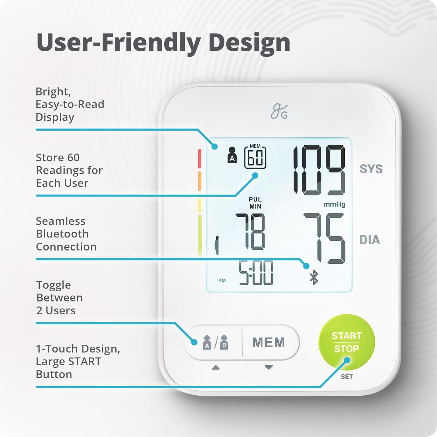 Greater Goods Automatic Bluetooth Upper Arm Blood Pressure Monitor with Wide Cuff 22–42 cm

