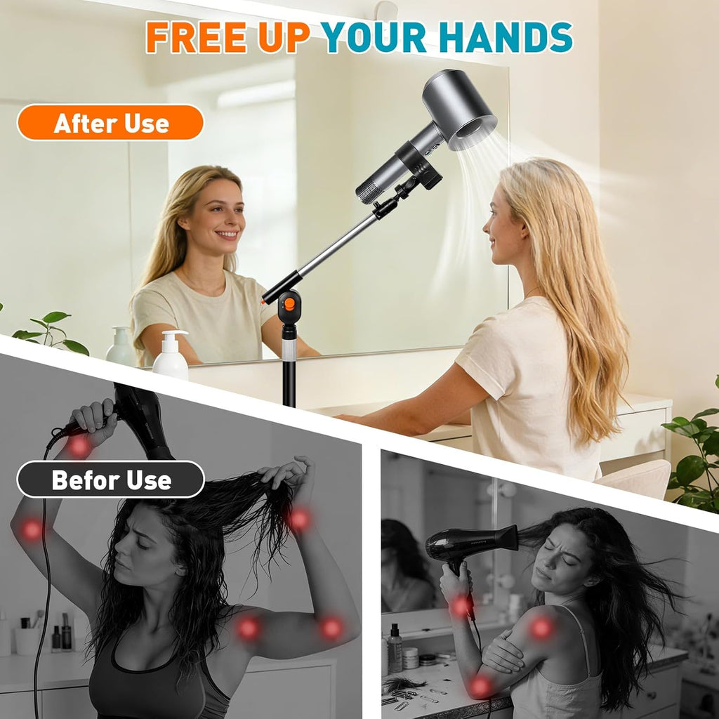 Hands Free Hair Dryer Stand with Rotary Lock, 360° Swivel & Adjustable Height Base

