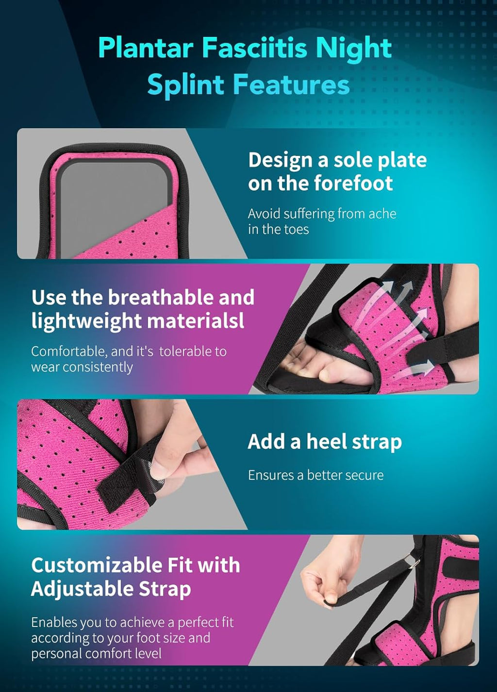 Plantar Fasciitis Night Splint with Massage Ball and Adjustable Straps


