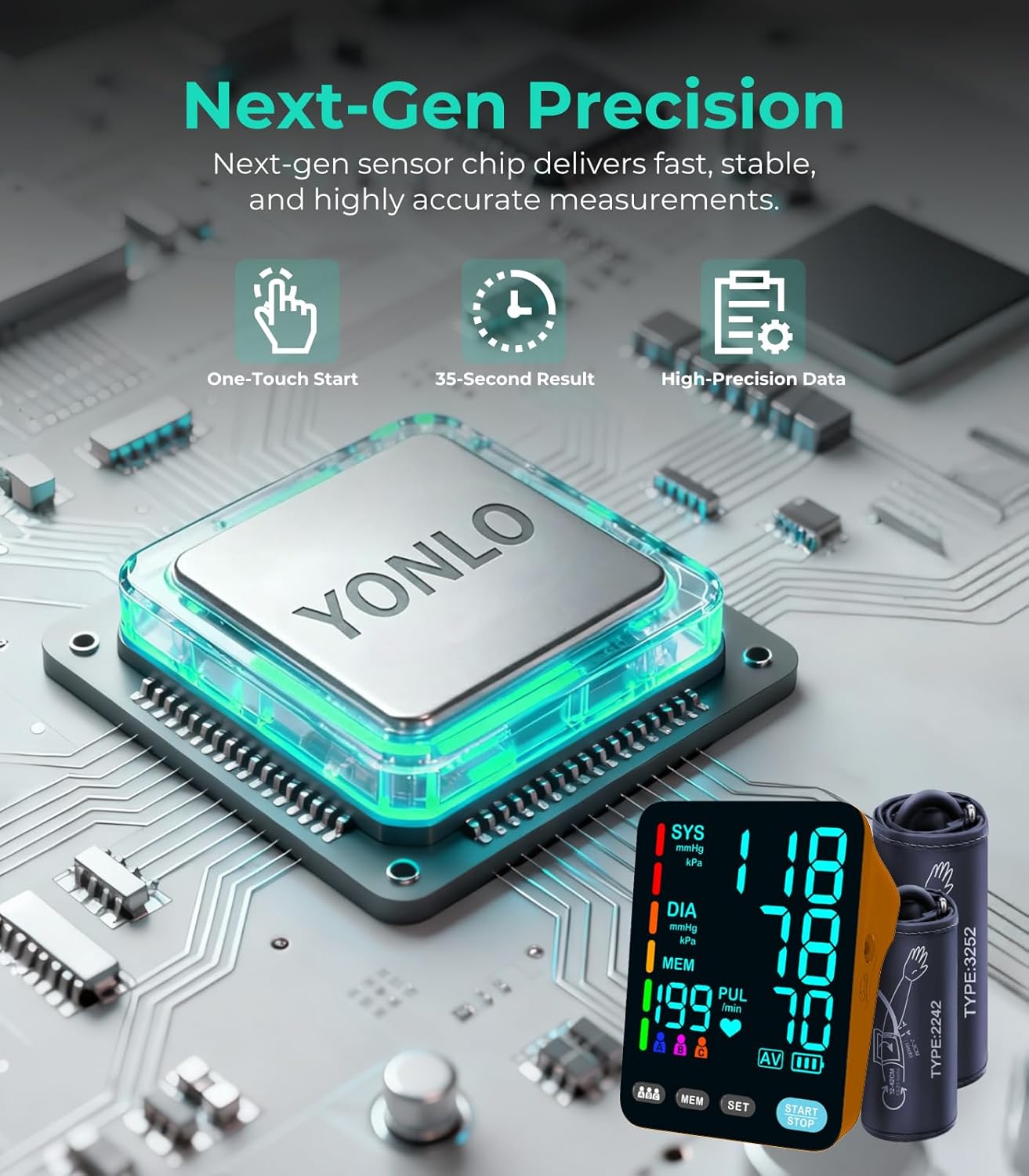 YONLO Automatic Upper Arm Blood Pressure Monitor with Dual Cuff Backlit Display

