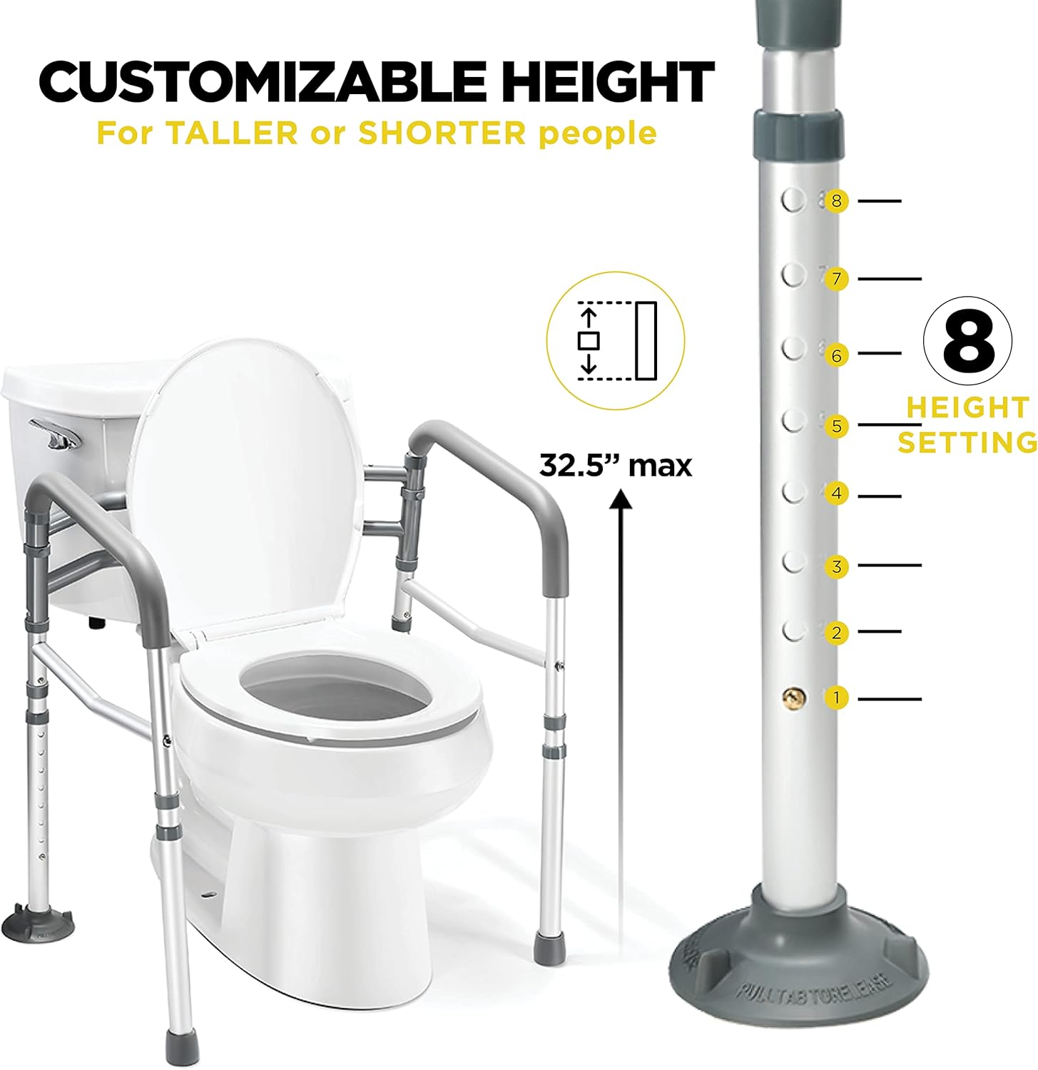 Medical King Toilet Safety Rail, Adjustable Grab Bar with Handles, Foldable Frame

