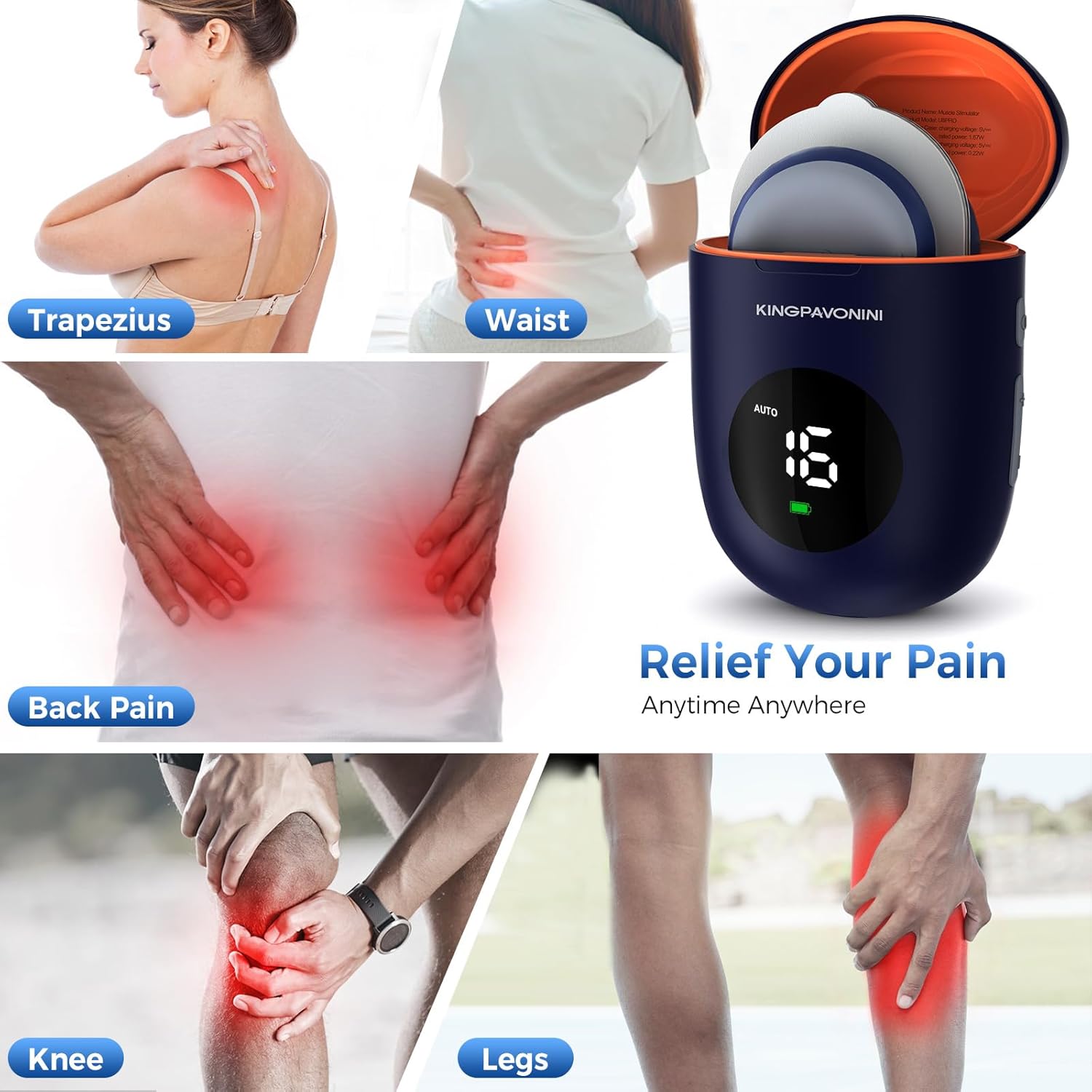 KingPavonini Wireless TENS EMS Unit Dual Channel Muscle Stimulator Rechargeable


