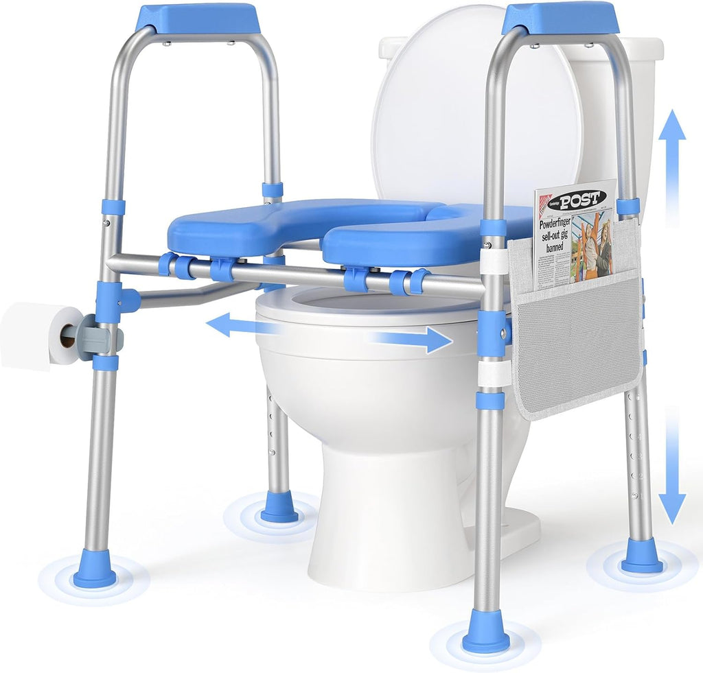 Padded Toilet Seat Riser with Adjustable Safety Frame and Handles, Heavy Duty 450 lb

