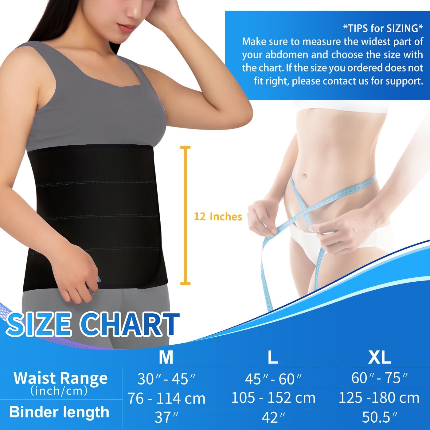 Abdominal Binder Post Surgery for Men and Women, 12-inch High Spandex Compression Belt

