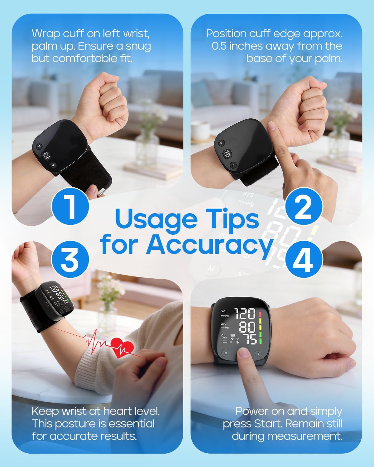 Automatic Wrist Blood Pressure Monitor with Voice Guidance and Dual User Memory

