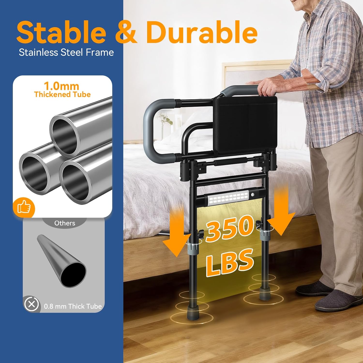 Bed Rails for Seniors, Foldable Bed Assist Rails with LED Night Light

