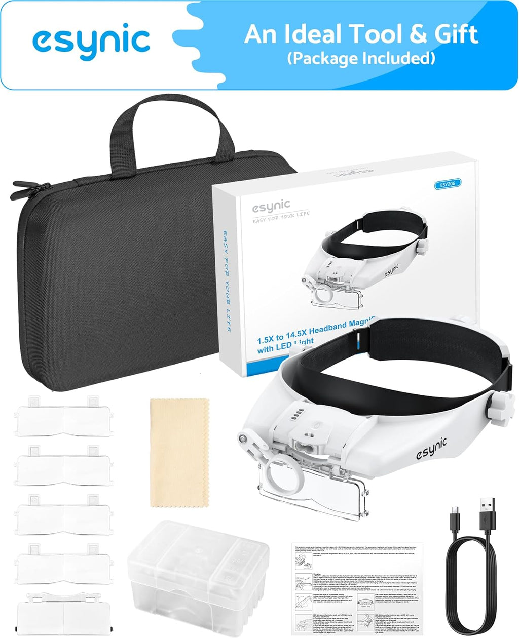 eSynic Comfort-Fit LED Head Magnifier 1.5X–13X with Adjustable Headband

