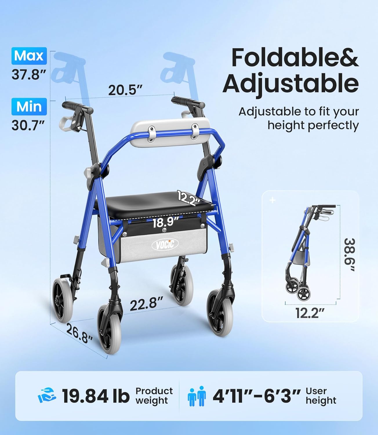 VOCIC Z11 Rollator Walker with Seat, Max 380 lb, Foldable All-Terrain

