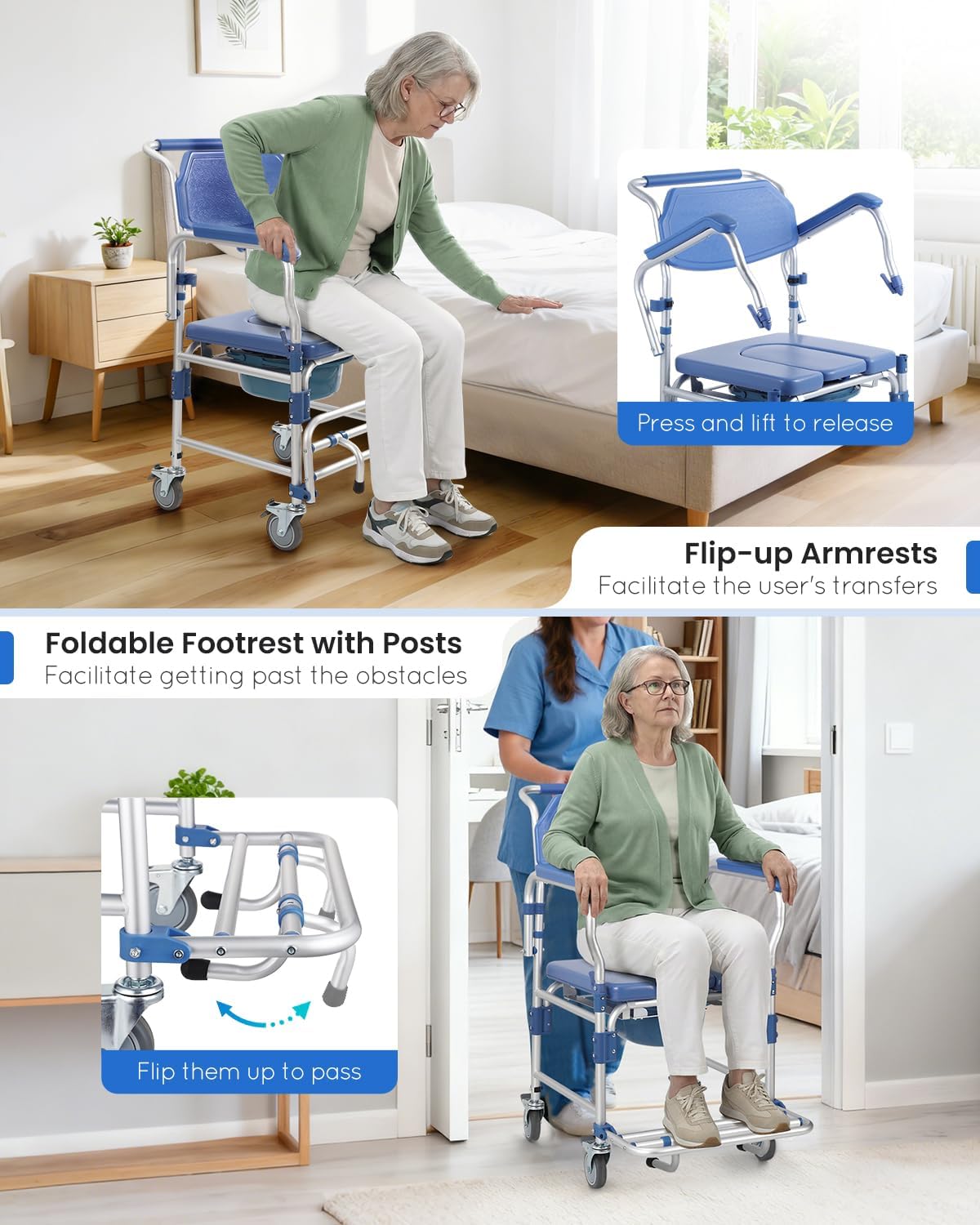 Bedside Commode Wheelchair with Drop Arms, Locking Casters, Waterproof Shower Chair

