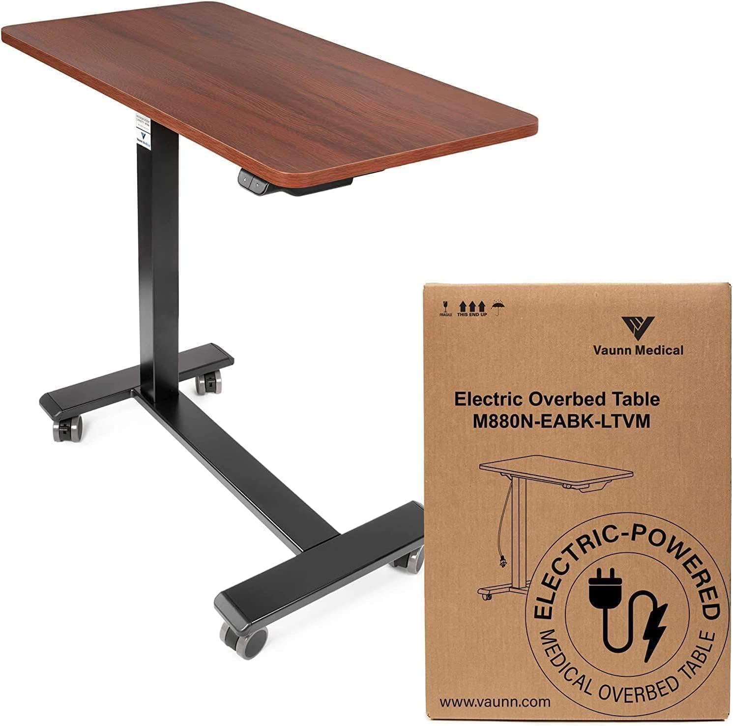 Vaunn Medical Electric Overbed Table, Height Adjustable Bedside Table with Wheels

