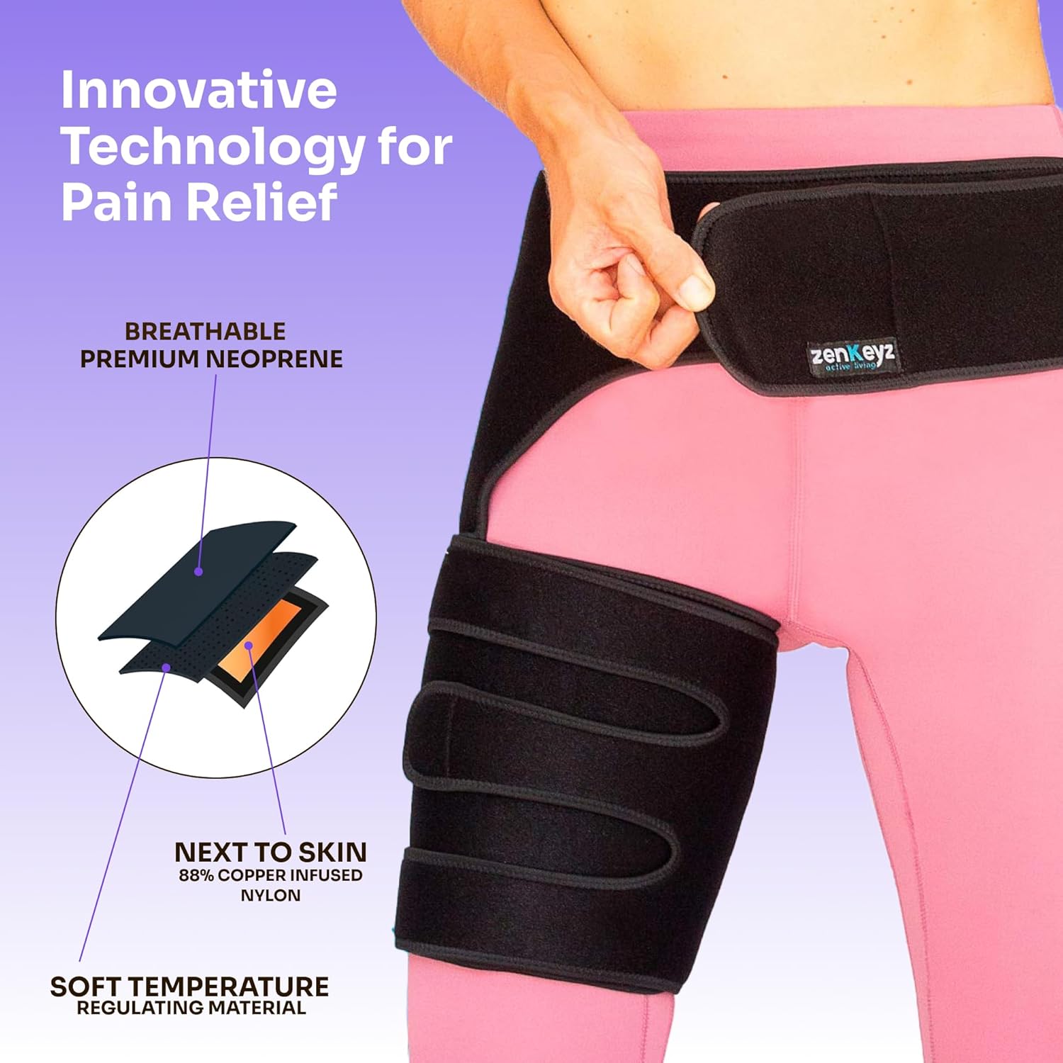 ZENKEYZ Hip Brace & Thigh Support Adjustable Compression Sleeve with Anti-Slip 3-Strap

