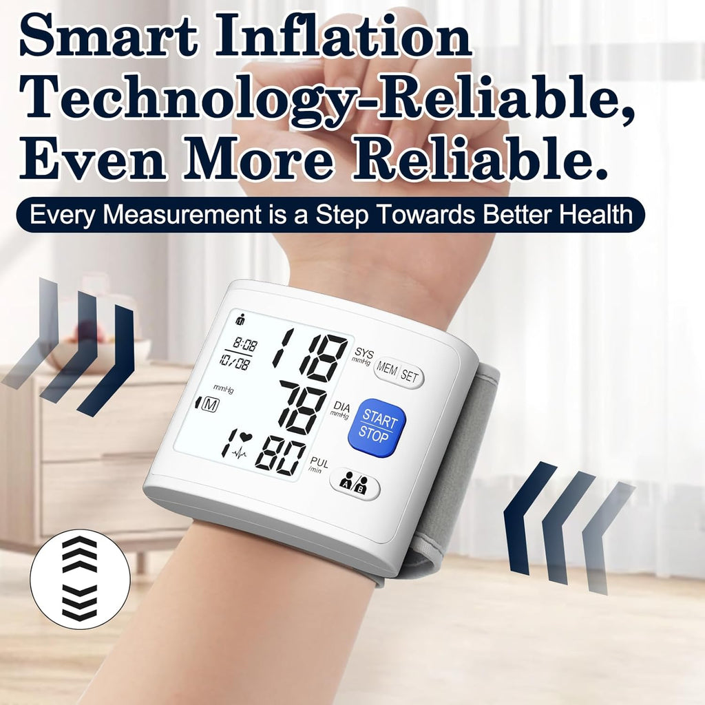 Wrist Blood Pressure Monitor LCD Display, Adjustable Cuff, Heart Rate Meter

