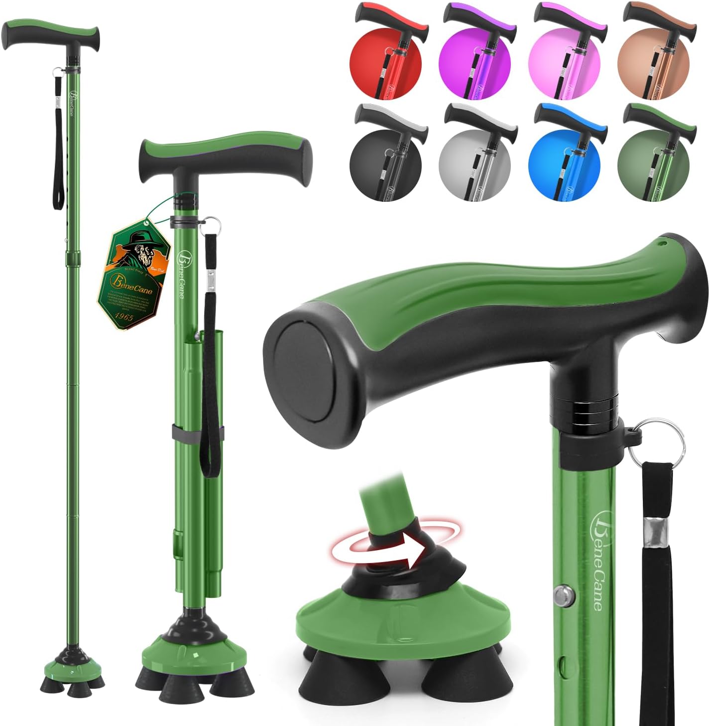 BeneCane Folding Walking Cane for Seniors, Adjustable Quad Cane with TPR T-Handle

