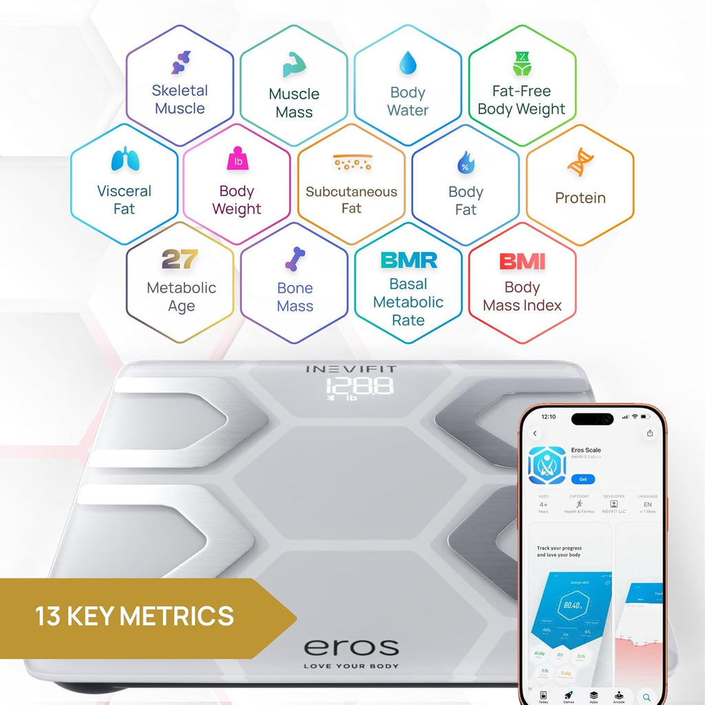 INEVIFIT EROS Bluetooth Smart Bathroom Body Fat Scale with BMI and App 400 lb


