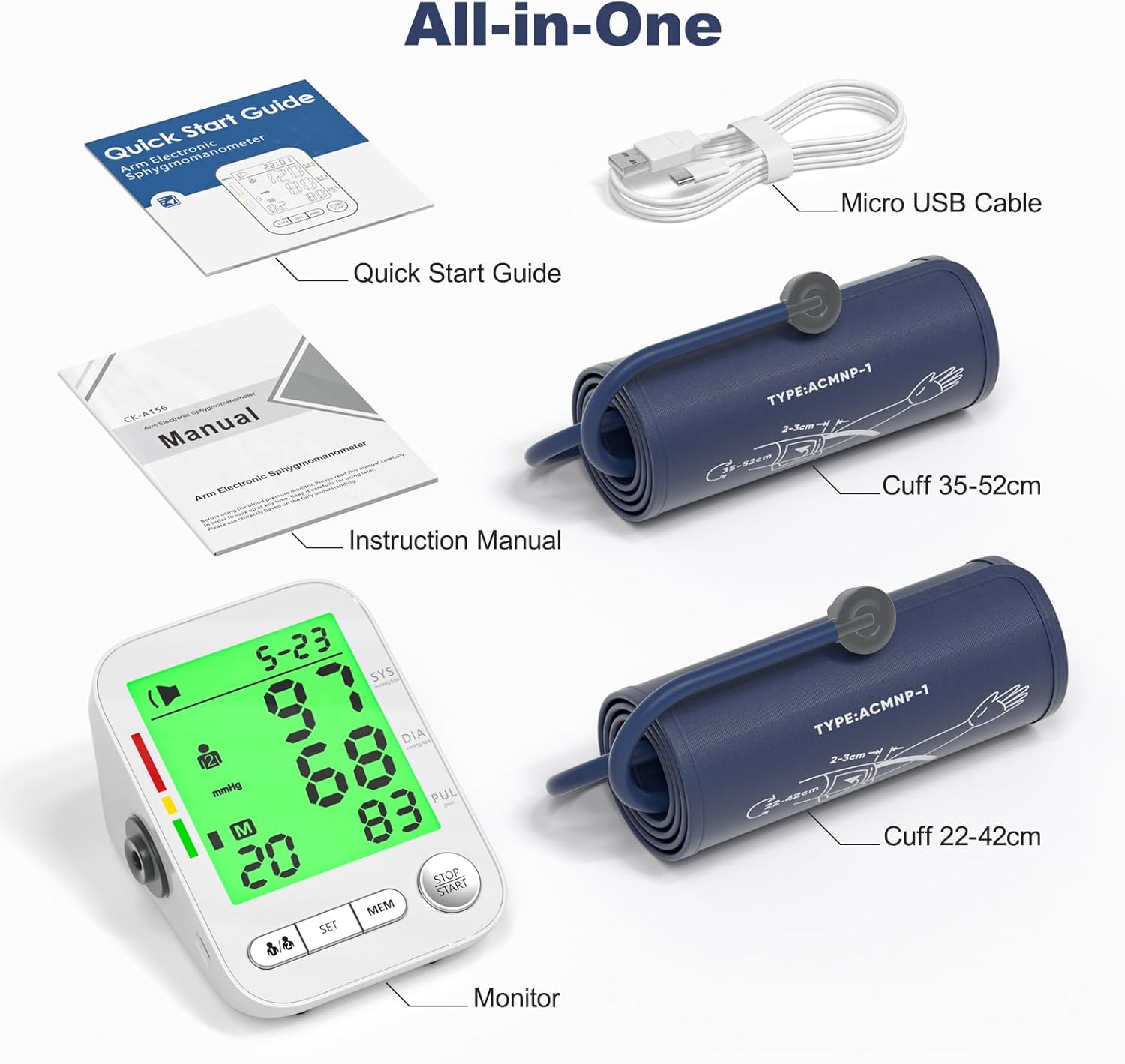 Upper Arm Digital Blood Pressure Monitor, Electronic Sphygmomanometer with LCD

