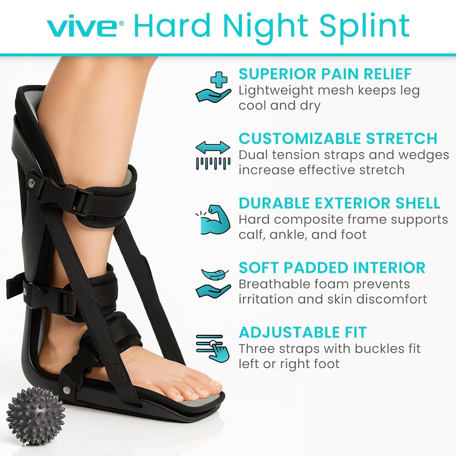 Vive Plantar Fasciitis Night Splint, Achilles Support Brace with Adjustable Straps

