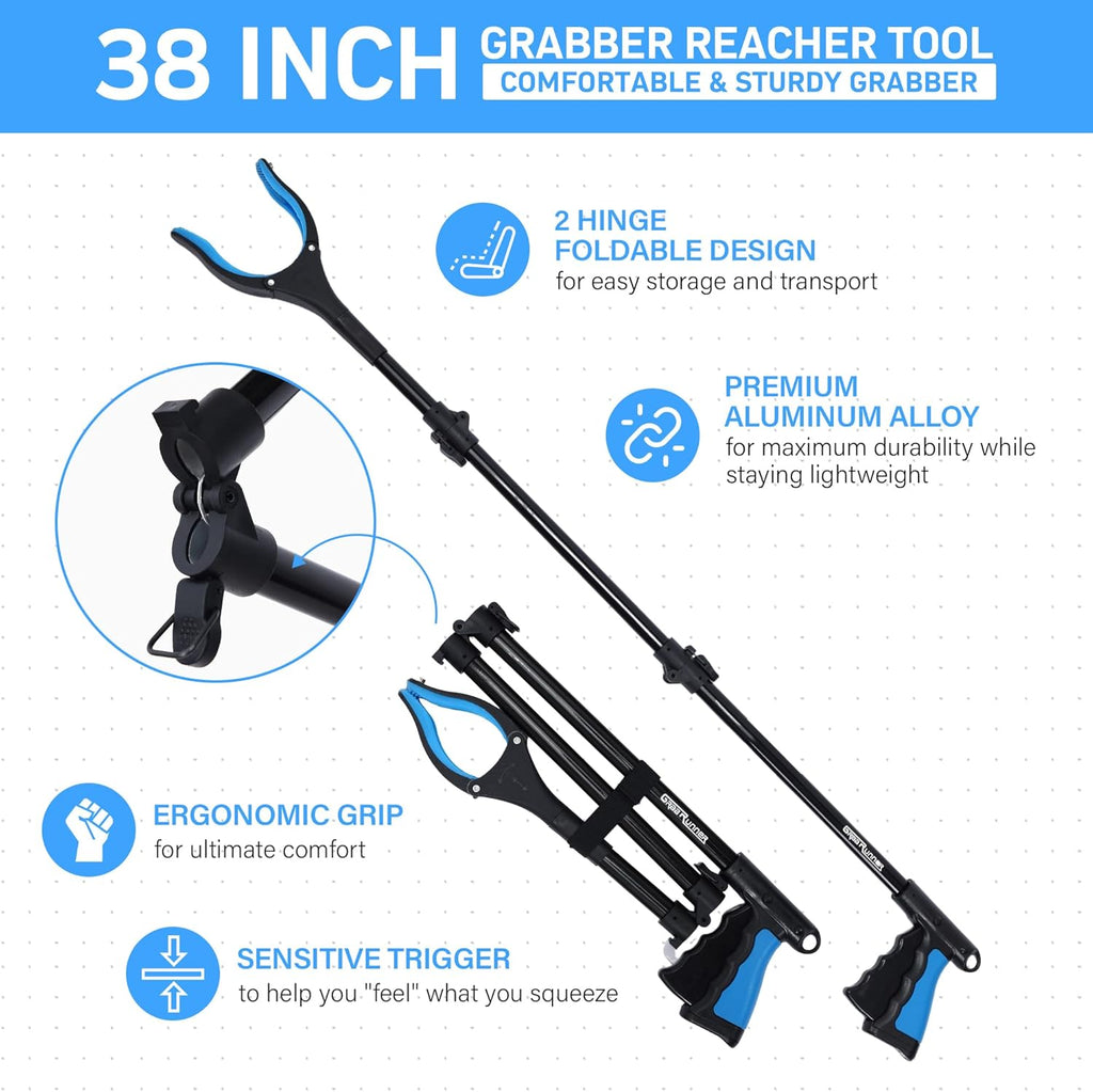 38 in Foldable Reacher Grabber Tool with 360° Rotating Jaw and Magnet, 3-Pack

