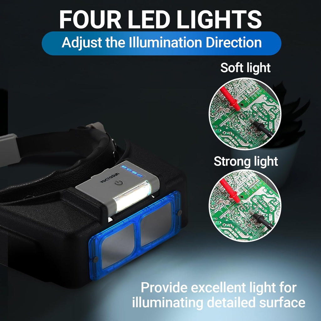 YOCTOSUN Rechargeable Headband Magnifier with Light, Hands-Free 4 Lenses 1.5X-3.5X

