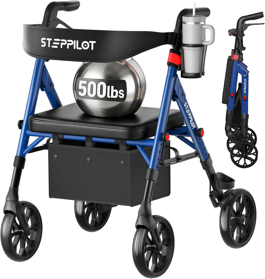 Bariatric Rollator Walker with Seat, 500 lb Aluminum Frame, 8 in All-Terrain Wheels

