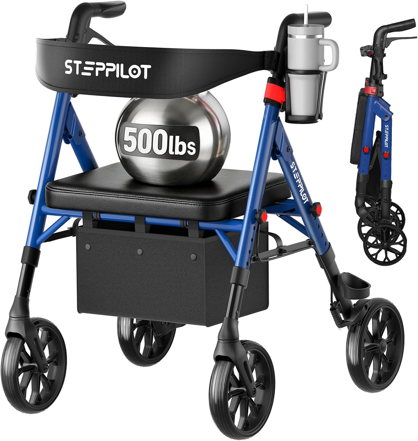 Bariatric Rollator Walker with Seat, 500 lb Aluminum Frame, 8 in All-Terrain Wheels

