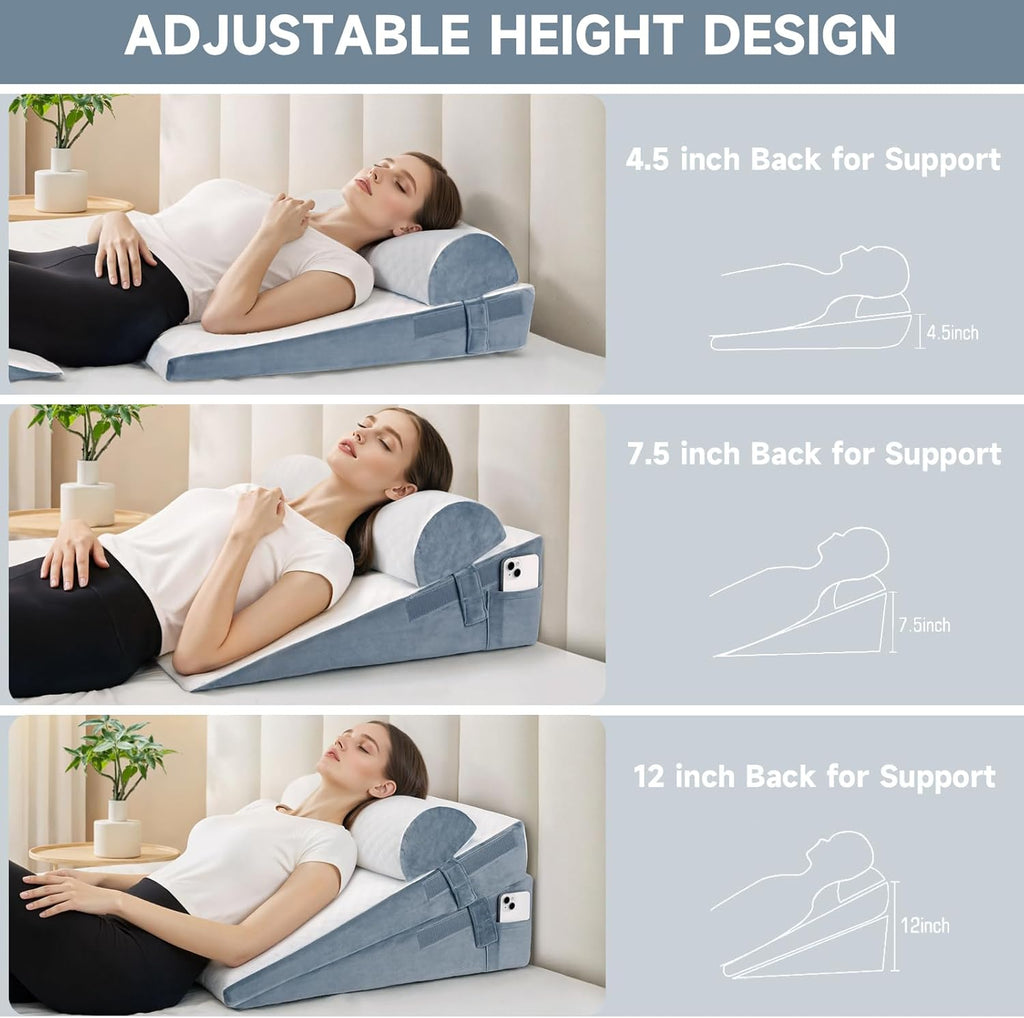 Adjustable Height Bed Wedge Pillow Set, Memory Foam Triangle Pillow for Sleep

