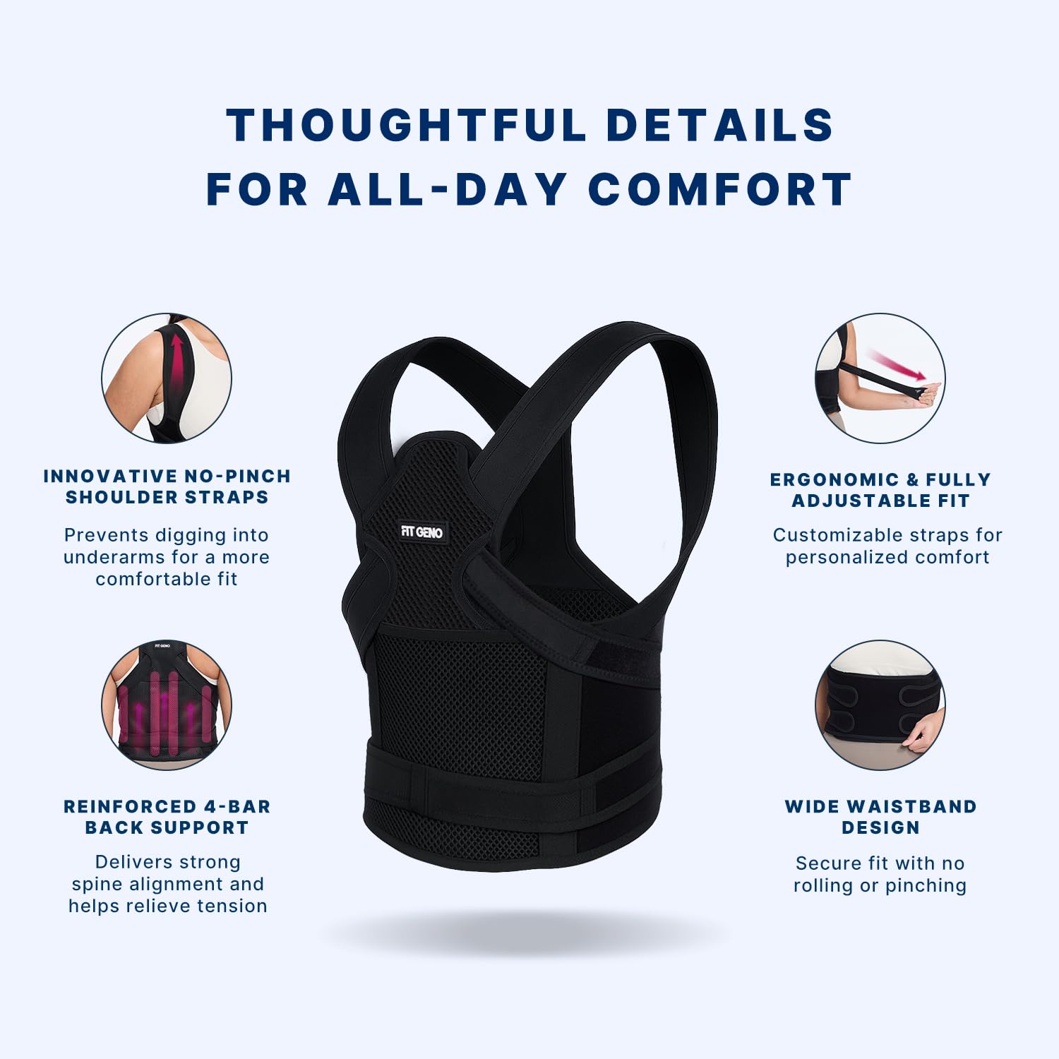 Fit Geno Posture Corrector Back Brace with Adjustable Shoulder Straightener Support

