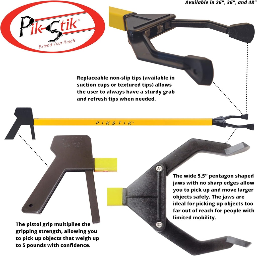 PikStik Classic Aluminum Reacher Grabber, Polycarbonate Jaw, Non-Slip Tips

