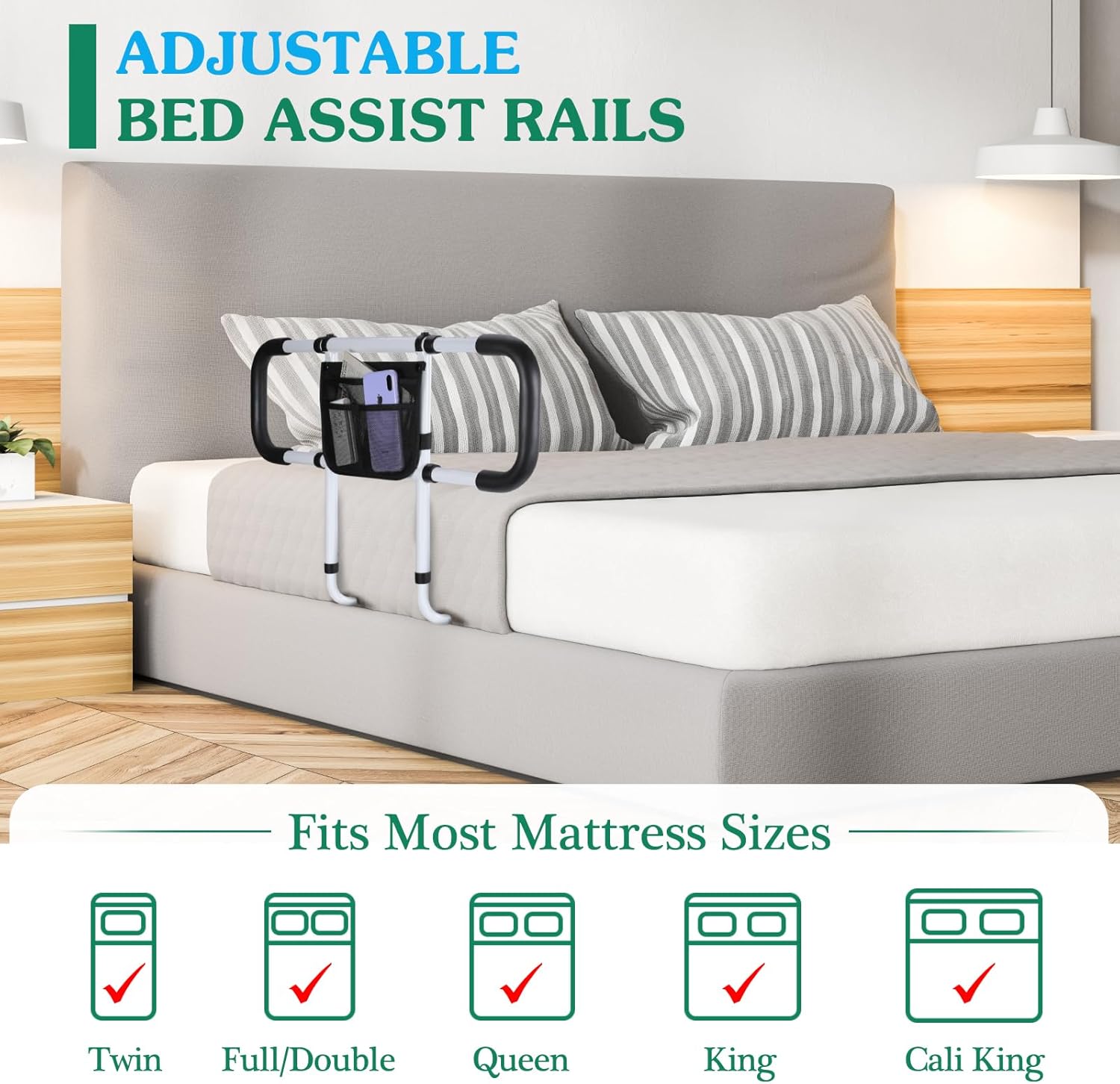 Sunisife Bed Assist Rail for Seniors, Adjustable Bedside Safety Grab Bar with Strap

