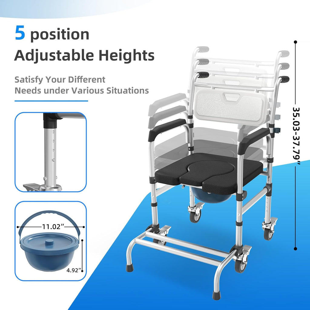 4-in-1 Rolling Bedside Commode Chair with Wheels for Shower and Raised Toilet Seat

