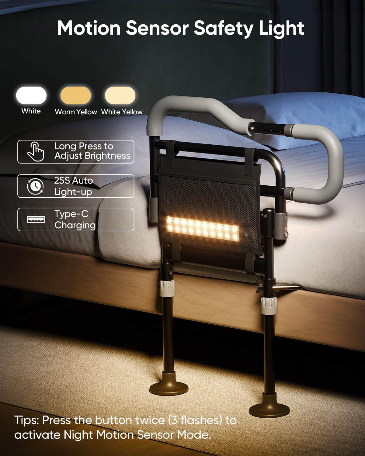Folding Bed Rails for Elderly, Height-Adjustable Bed Assist Rail with Motion Light


