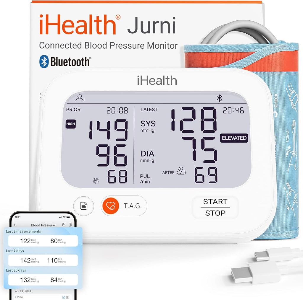 iHealth Jurni Smart Upper Arm Blood Pressure Monitor, Rechargeable Dual Display

