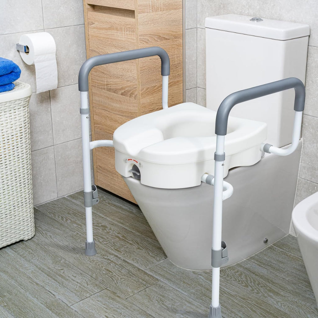 WeHwupe Raised Toilet Seat with Handles and Padded Arms for Elderly Safety

