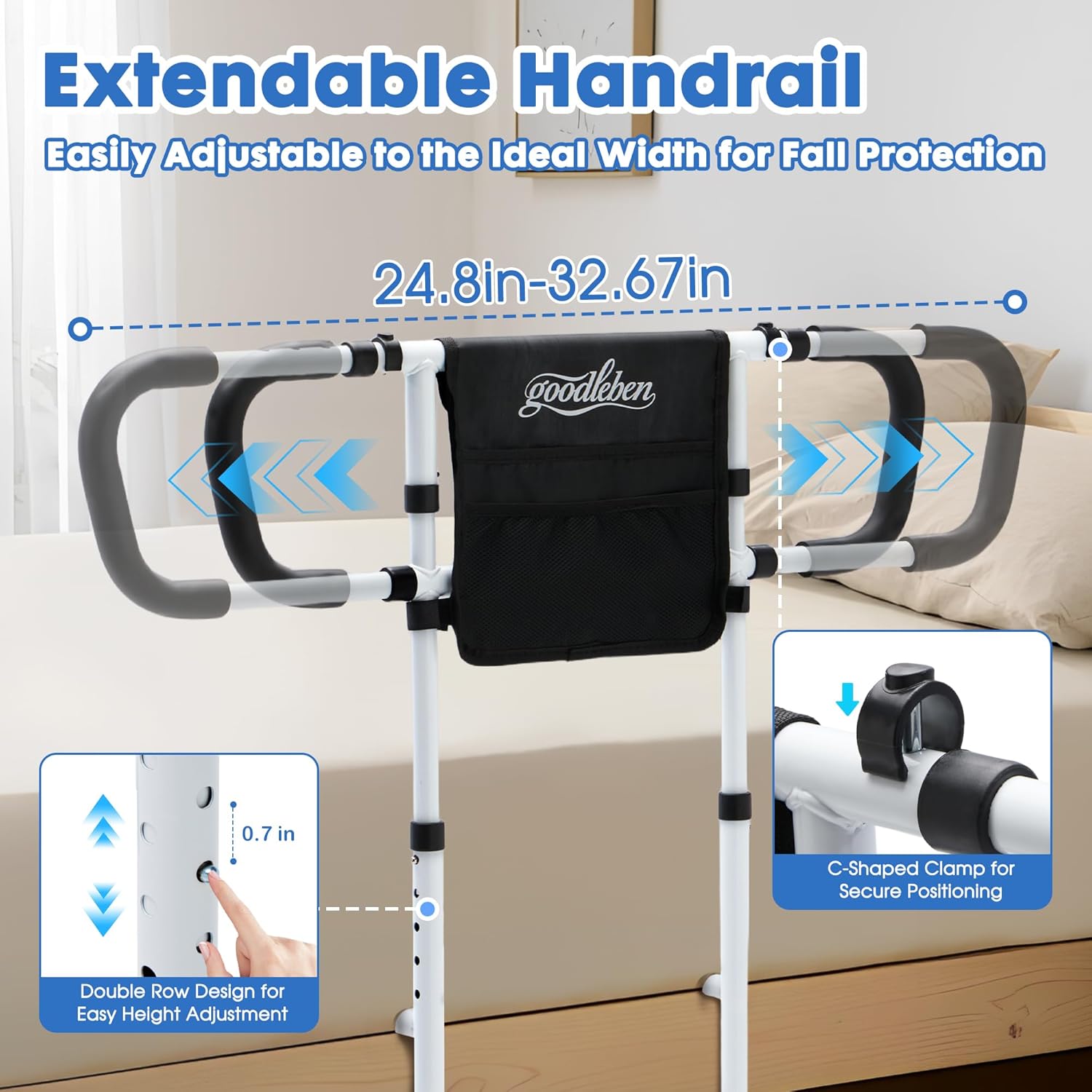Bed Assist Rail for Seniors Safety, Floor Support, Non-Slip Handle, Storage Pocket

