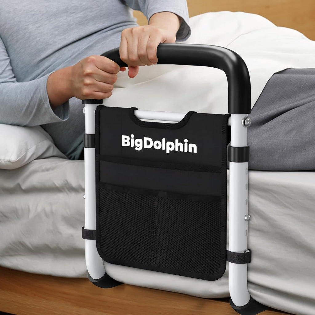 BigDolphin Adjustable Bed Rail for Seniors, Non-Slip Handle, Storage Pocket

