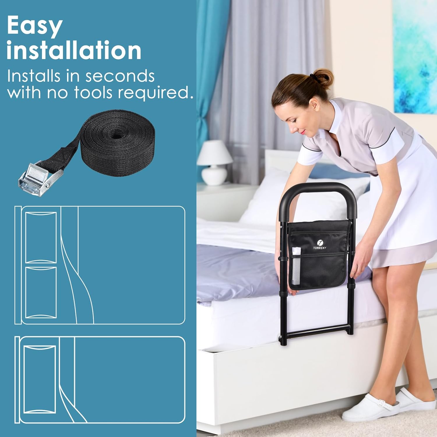 Adjustable Bed Rail for Seniors with Motion Light, Padded Grab, Storage Pockets

