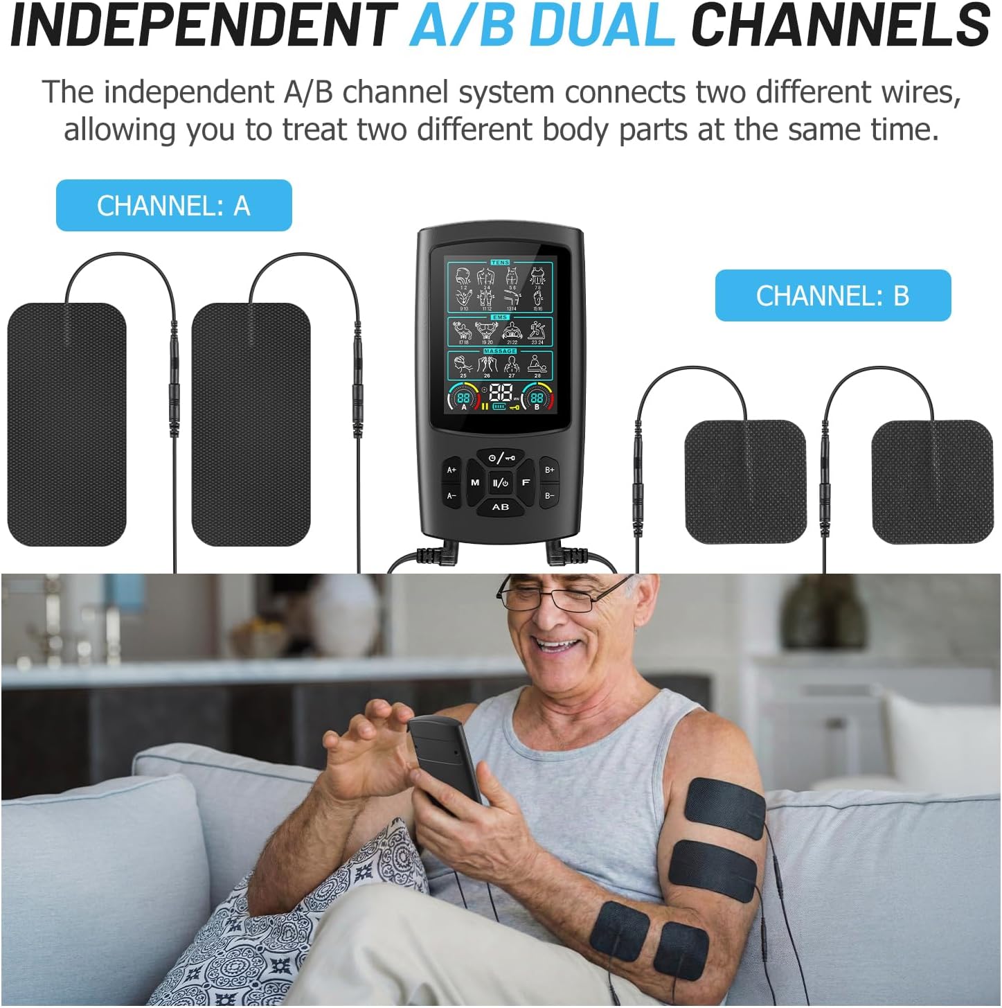 Rechargeable Dual Channel TENS Unit Muscle Stimulator for Pain Relief, 28 Modes

