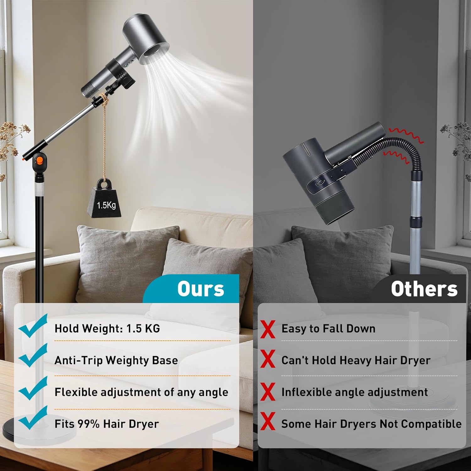 Hands Free Hair Dryer Stand with Rotary Lock, 360° Swivel & Adjustable Height Base

