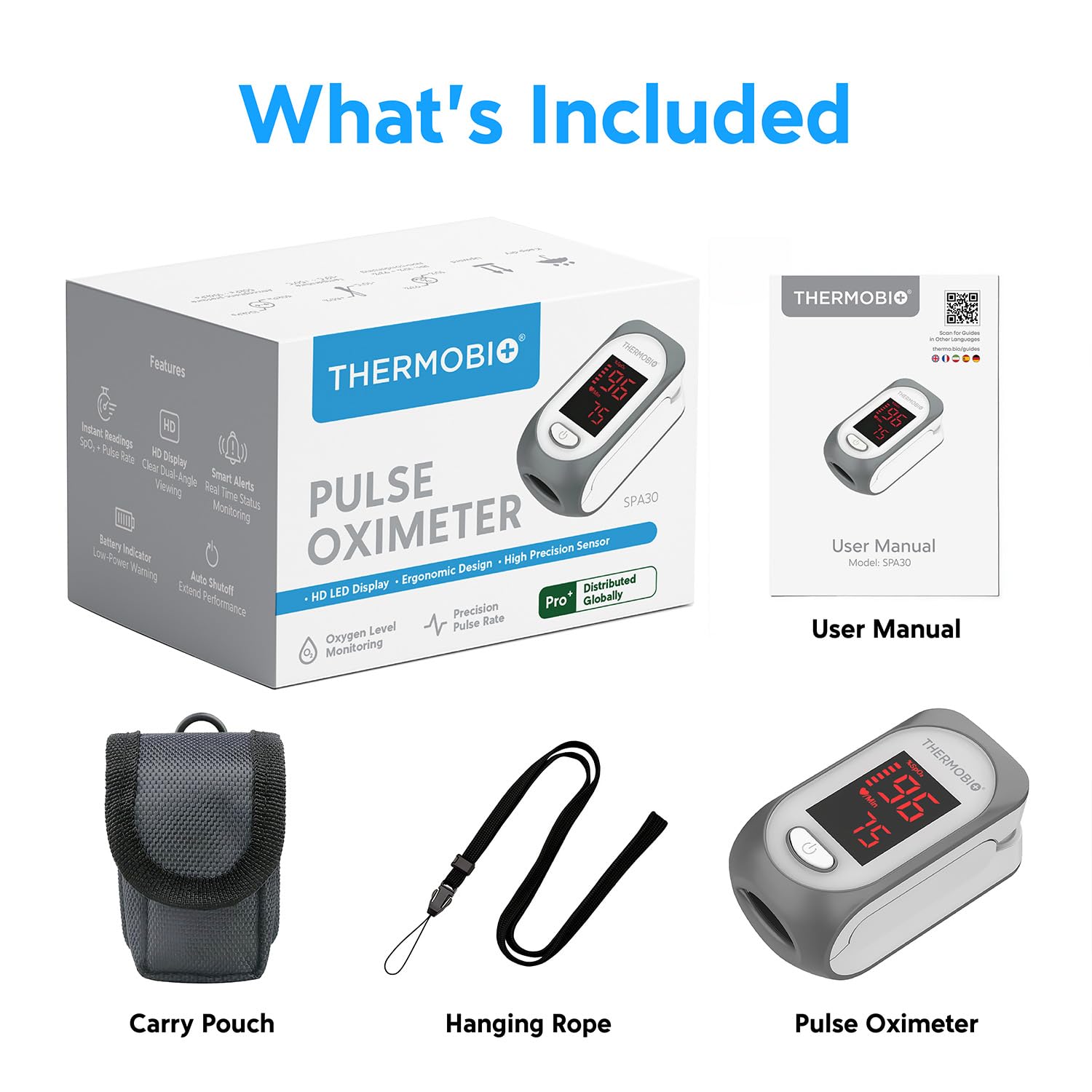 ThermoBio Fingertip Pulse Oximeter SpO2 Monitor with Clear OLED Display

