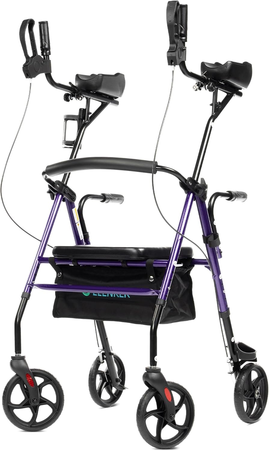 ELENKER Upright Walker Rollator with Padded Seat and Backrest, Compact Folding

