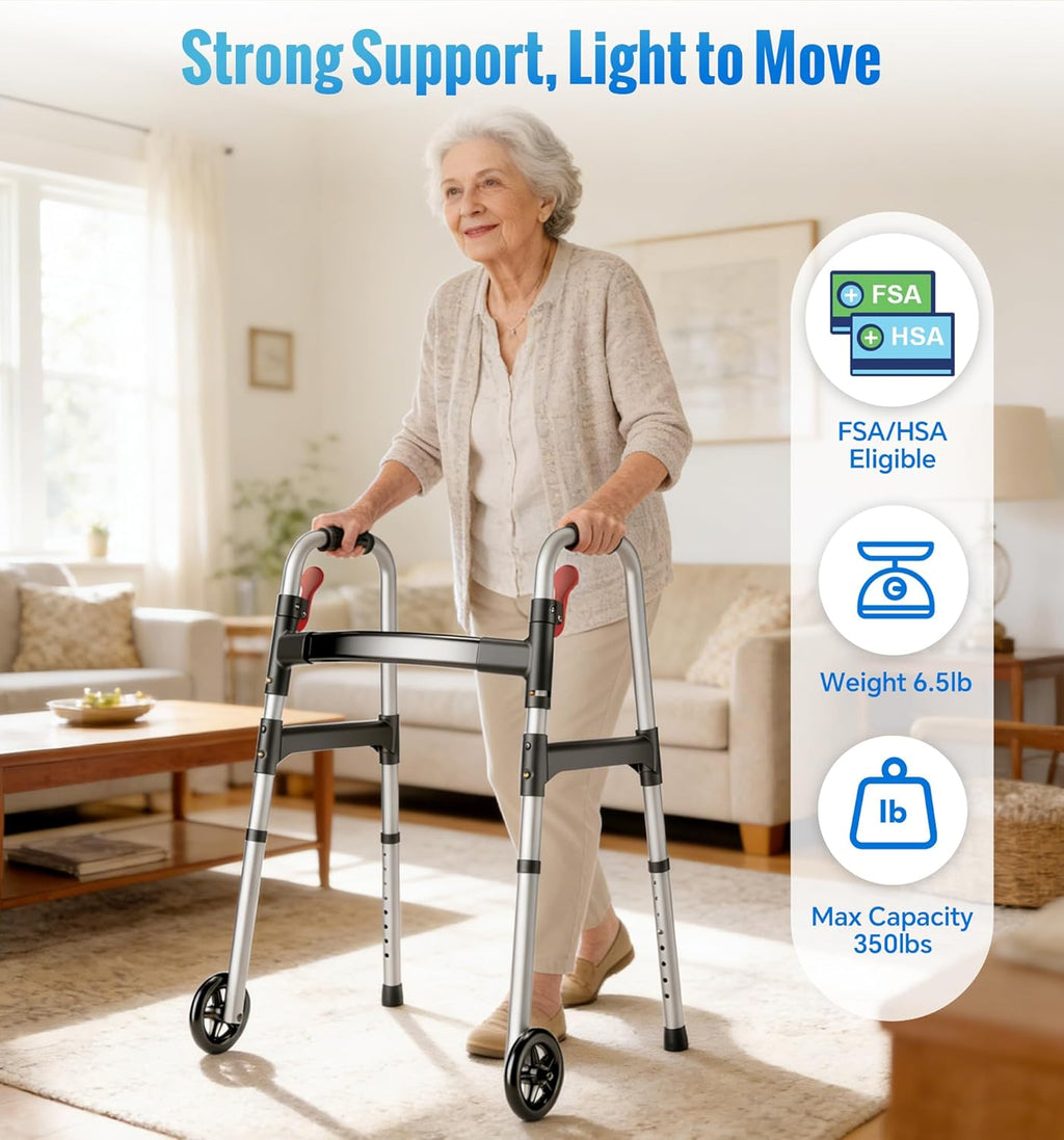HOMLAND Walkers for Seniors One-Hand Folding Adjustable Height with Wheels

