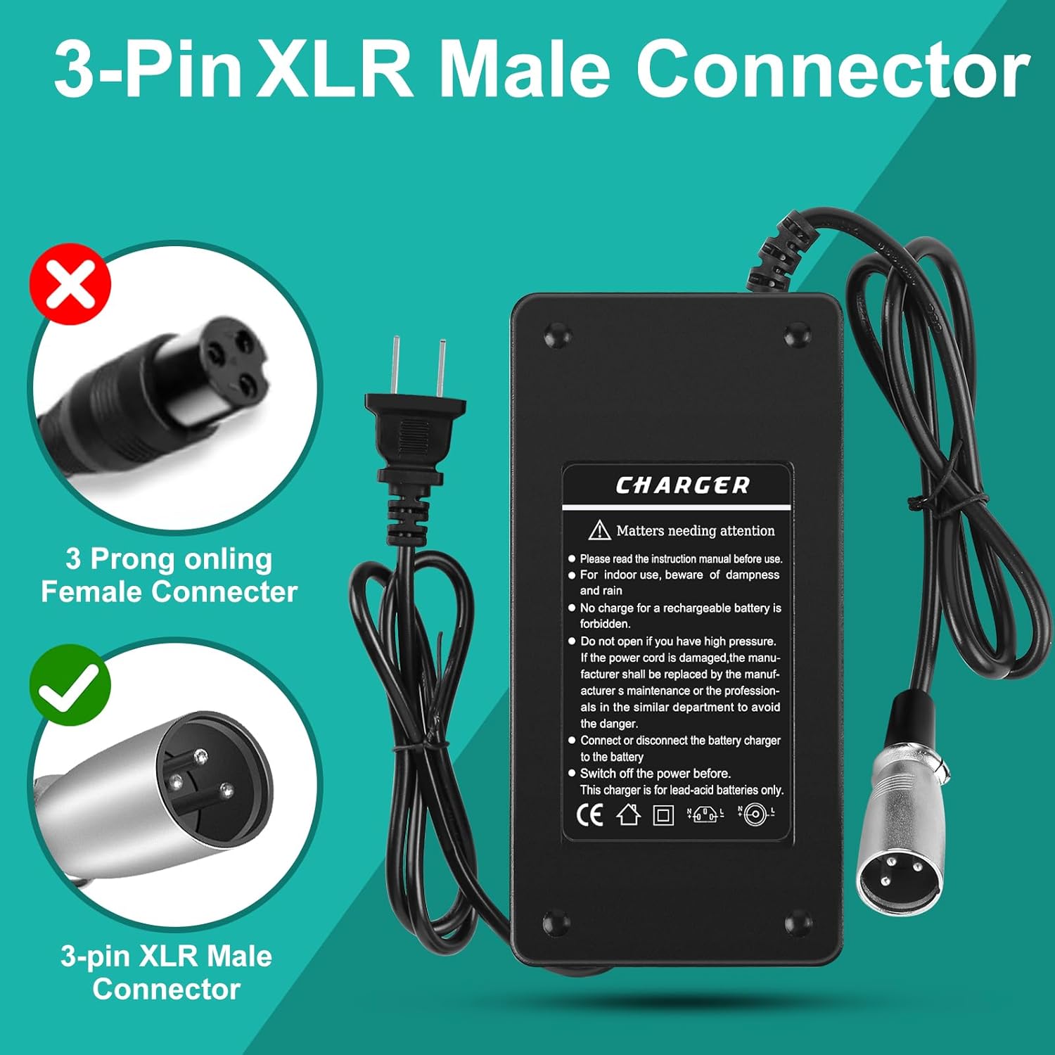24V 5A Lead-Acid Battery Charger for Mobility Scooter and Power Chair, 3-Pin XLR

