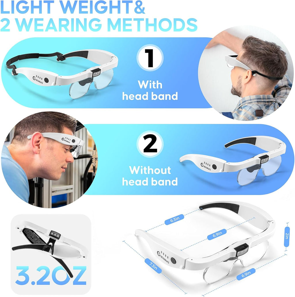 Rechargeable Head Magnifier with Light, Detachable Lenses 1.5X 2.5X 3.5X 5X

