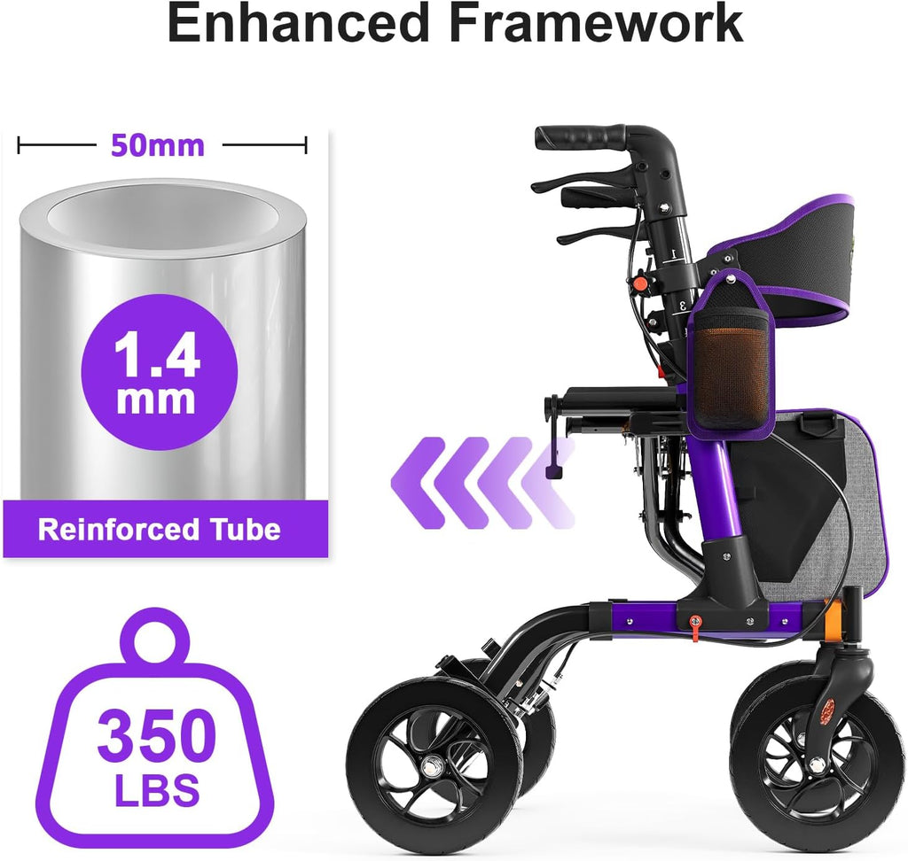 Aojin Rollator Walker with Seat, 350 lb Capacity, 6-Level Height, 8" All-Terrain Wheels

