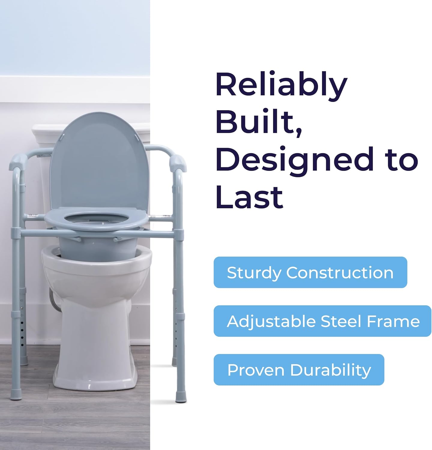 Drive Medical Folding Steel Bedside Commode Chair 3-in-1 Adjustable Height 7.5 Qt Bucket


