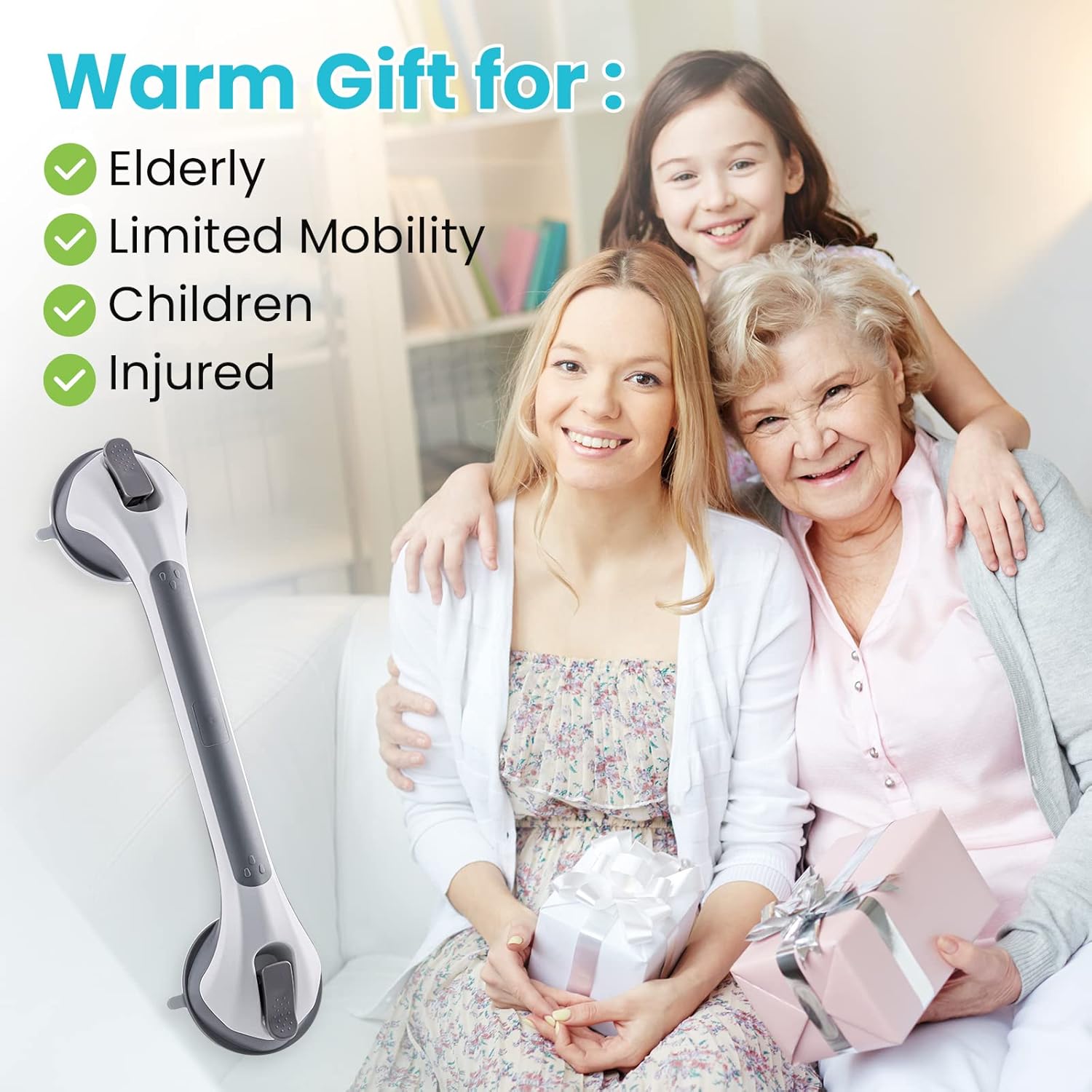 TAILI 16 inch Suction Cup Shower Grab Bar, Removable Bathroom Safety Handle

