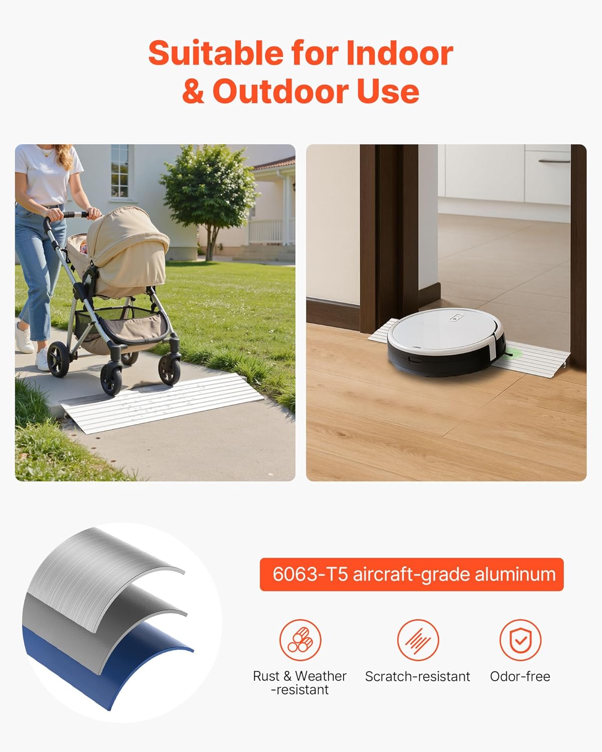 VEVOR Aluminum Door Threshold Ramp for Wheelchairs, Handicap Steps, 800 lb Load

