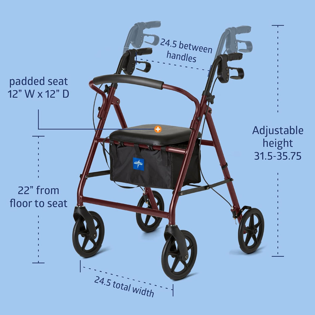 Medline Mobility Dependable Steel Rollator Walker, 300 lb Capacity, Adjustable Handle

