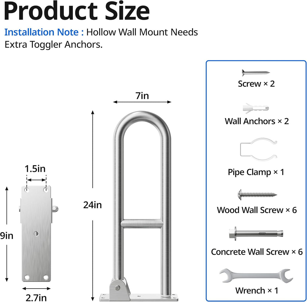 Toilet Grab Bar Bathroom Safety Handrail Wall Mounted, 304 Stainless Steel Flip-Up

