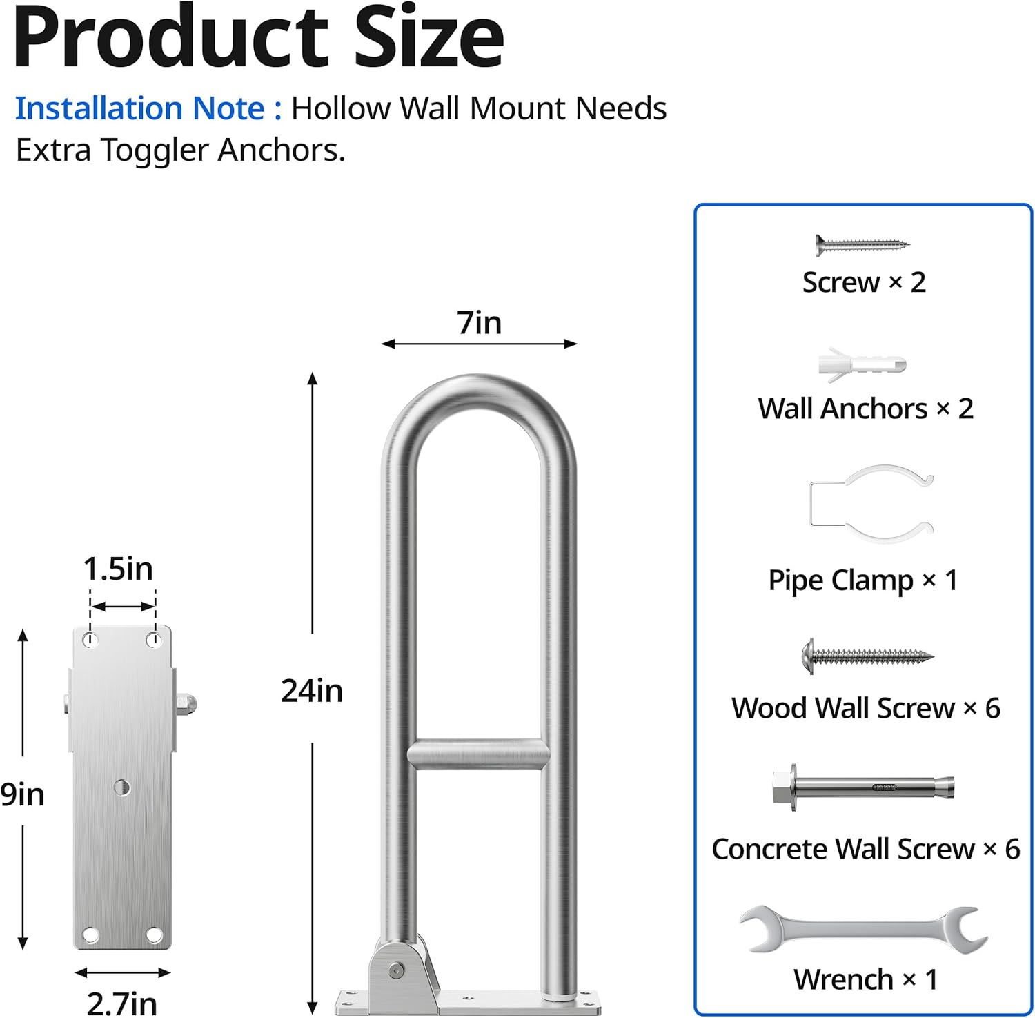 Toilet Grab Bar Bathroom Safety Handrail Wall Mounted, 304 Stainless Steel Flip-Up

