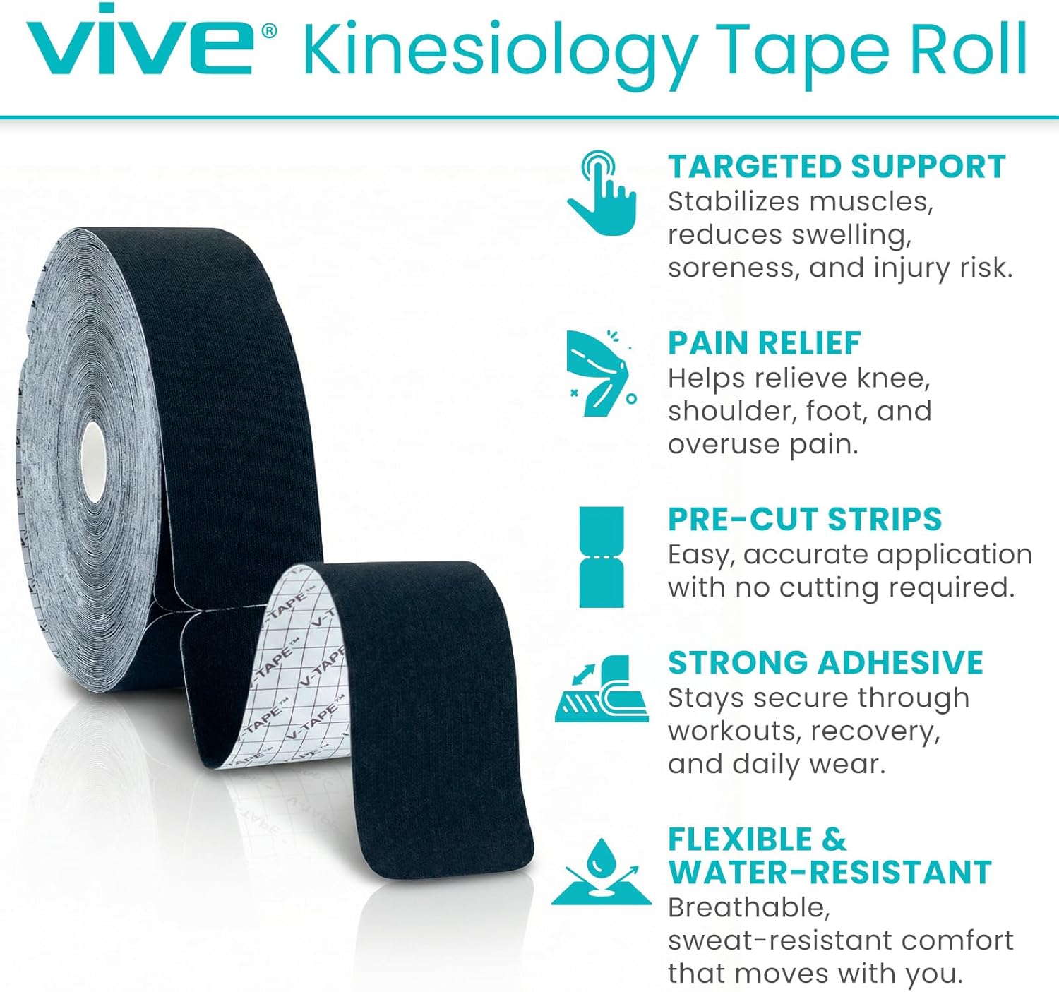 Vive Kinesiology Tape Roll, Precut Sports Strips for Muscle and Joint Support


